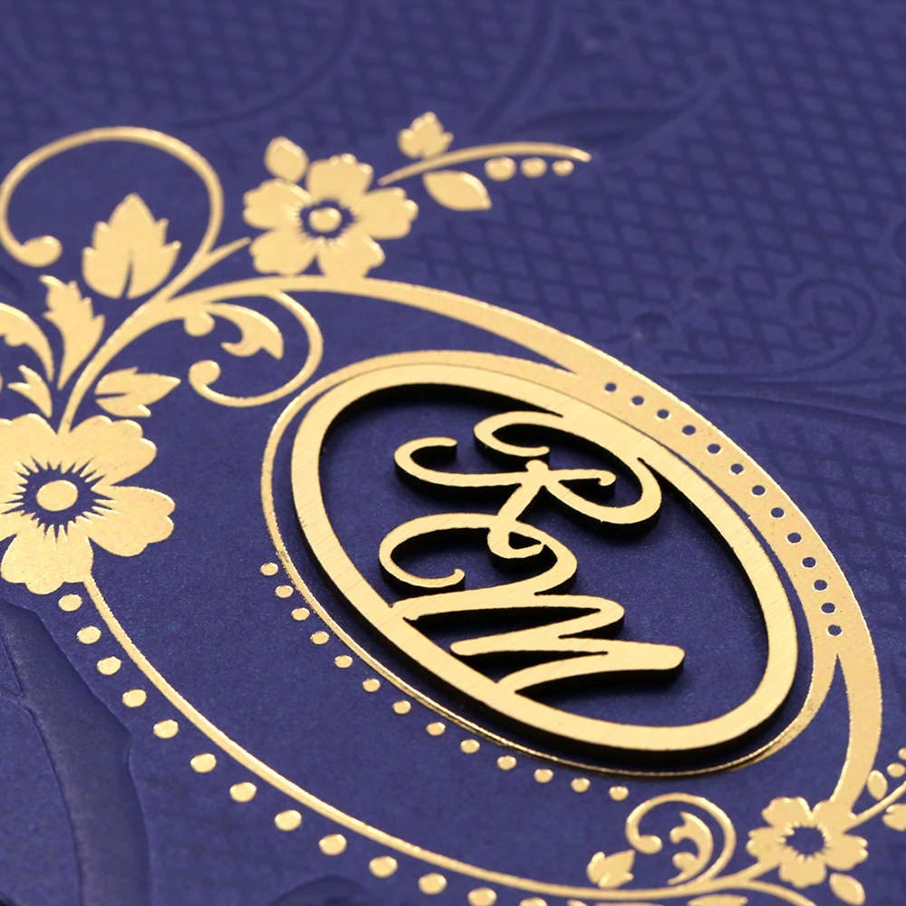 Indian wedding invitation in navy blue with embossed floral design - Click Image to Close